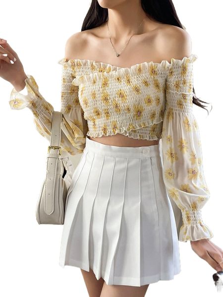 dazy floral print off shoulder shirred crossover flounce sleeve crop blouse n6rp#, White
dazy floral print off shoulder shirred crossover flounce sleeve crop blouse n6rp#, White