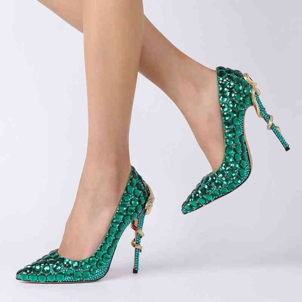 new hand diamond green fashion high heels snake shaped thin heel pointed women's bride's shoes, Black
new hand diamond green fashion high heels snake shaped thin heel pointed women's bride's shoes, Black