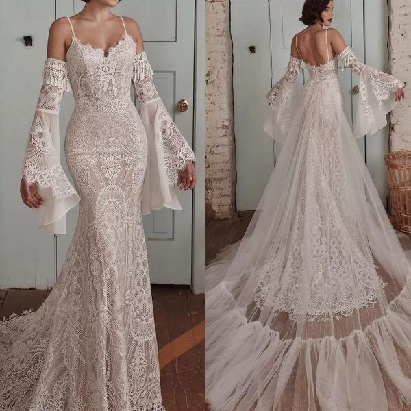 gorgeous long sleeves mermaid wedding dresses tulle lace bridal gown spaghetti straps sweep train custom made boho beach vestido de novia, White
gorgeous long sleeves mermaid wedding dresses tulle lace bridal gown spaghetti straps sweep train custom made boho beach vestido de novia, White