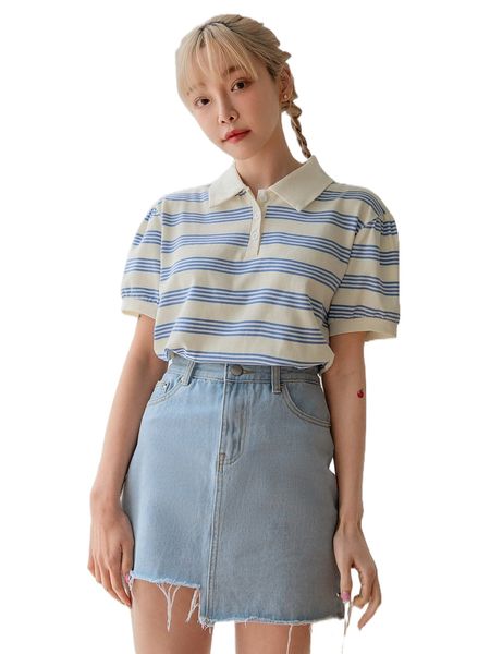 dazy striped half button polo tee k18b#, White
dazy striped half button polo tee k18b#, White