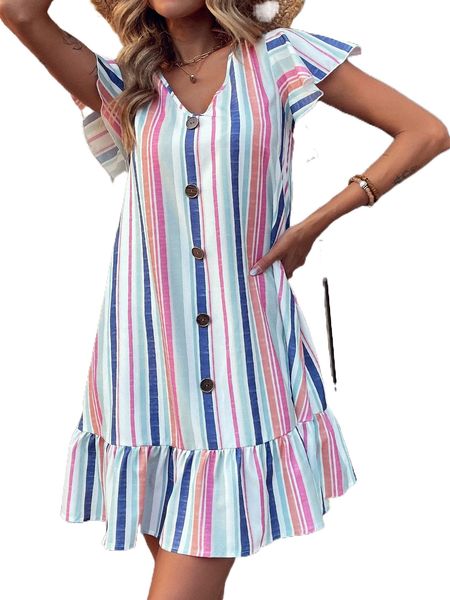 block vertical striped fake buttons ruffle hem dress d8rx#, Black;gray 
block vertical striped fake buttons ruffle hem dress d8rx#, Black;gray