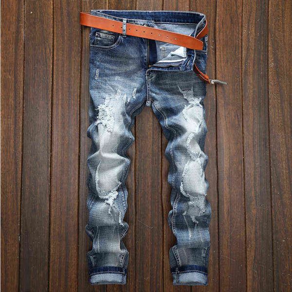 men's jeans light color ripped jeans men's youth fashion scraped long, Blue 
men's jeans light color ripped jeans men's youth fashion scraped long, Blue