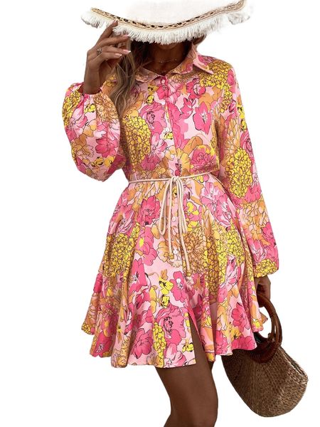 floral print belted shirt dress n66b#, Black;gray 
floral print belted shirt dress n66b#, Black;gray