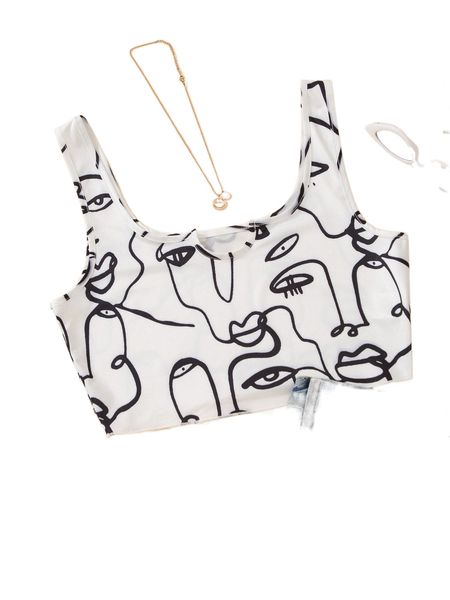 figure graphic notched neckline tank 4799#, White