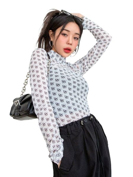 dazy 1pc allover letter graphic mock neck f52e#, White