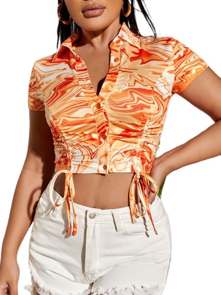 sxy marble print drawstring front button up crop tee o4fo#, White