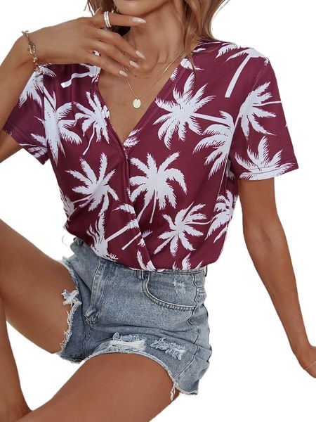 tropical print deep v neck tee e6ap#, White