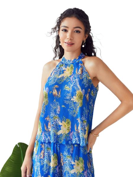 coral print lettuce trim blouse y5nw#, White