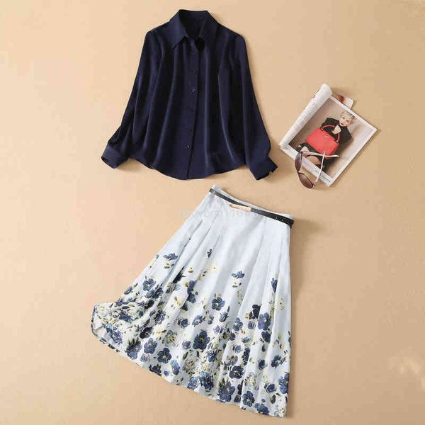two piece dress ol commuting temperament spring and summer women's dress princess same blue shirt printed skirt set women, White 
two piece dress ol commuting temperament spring and summer women's dress princess same blue shirt printed skirt set women, White
