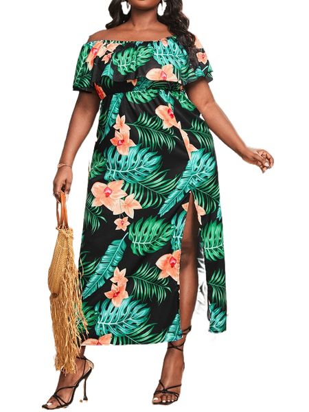sxy plus off shoulder slit hem tropical & floral dress r7rt#, Black
sxy plus off shoulder slit hem tropical & floral dress r7rt#, Black