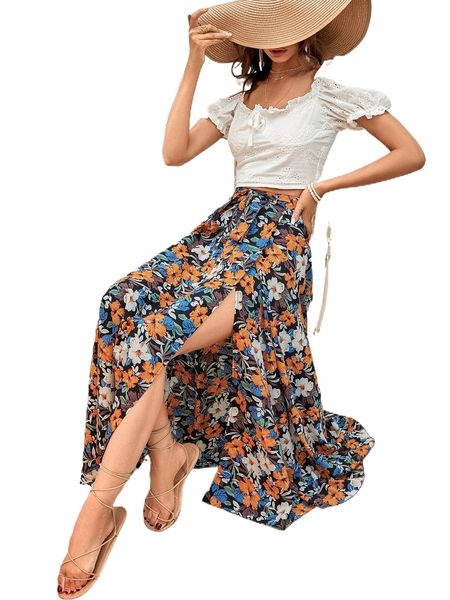 allover floral slit hem skirt v6cm#, Black