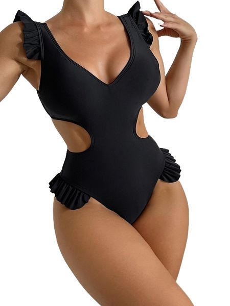 cut out ruffle trim one piece swimsuit p7dp#, White;black