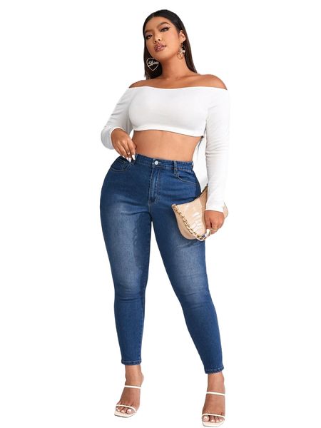 plus washed pocket detail skinny jeans g17h#, Blue