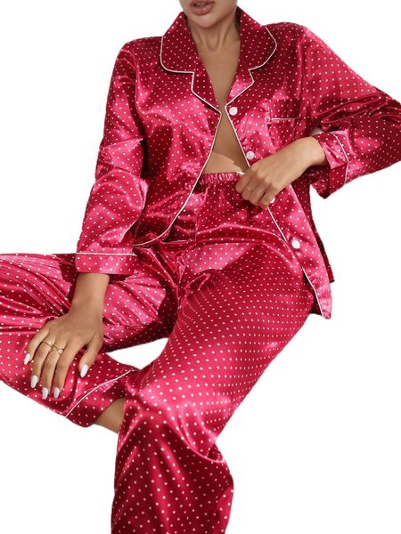 lapel collar polka dot print satin contrast binding shirt & pants pj set t4ul#, Black;red
lapel collar polka dot print satin contrast binding shirt & pants pj set t4ul#, Black;red