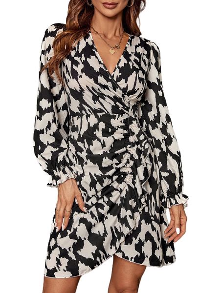 allover print ruched side ruffle trim dress s7bn#, Black;gray
allover print ruched side ruffle trim dress s7bn#, Black;gray