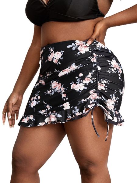 plus floral print high waist bikini bottom & drawstring side beach skirt e691#, Black
plus floral print high waist bikini bottom & drawstring side beach skirt e691#, Black