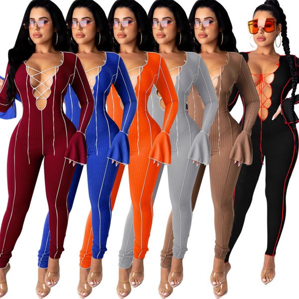 women jumpsuits designers clothing fashion bandage rompers open navel horn sleeve one piece nightclub bodysuit, Black;white
