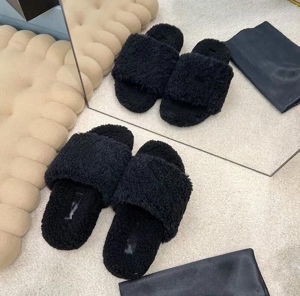 

luxury designers women ins slippers ladies wool slides winter fur fluffy furry letters sandals warm comfortable fuzzy girl flip flop scuffs, Black
