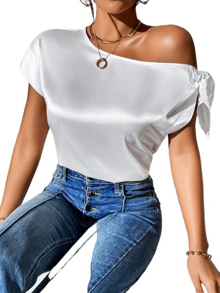 petite knot detail asymmetrical neck dolman sleeve satin blouse 53hz#, White 
petite knot detail asymmetrical neck dolman sleeve satin blouse 53hz#, White