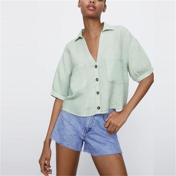 cropped linen summer shirt women short sleeve button up vintage female patch pockets pink green white blouse shirts 210524
cropped linen summer shirt women short sleeve button up vintage female patch pockets pink green white blouse shirts 210524