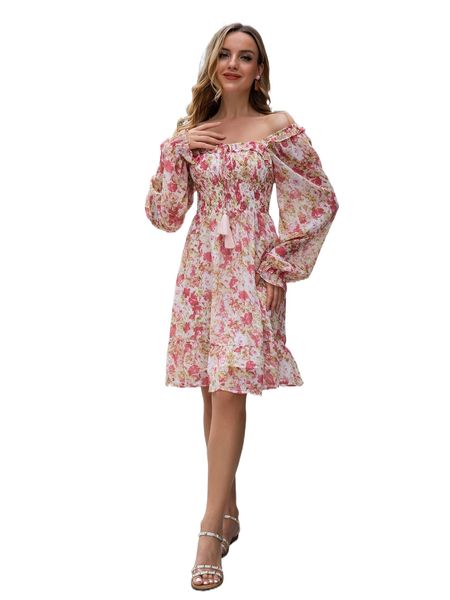 floral print off shoulder flounce sleeve shirred tassel knot front dress b5pc#, Black;gray
floral print off shoulder flounce sleeve shirred tassel knot front dress b5pc#, Black;gray