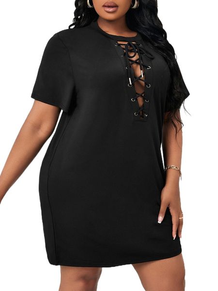 plus lace up front dress z12y#, Black