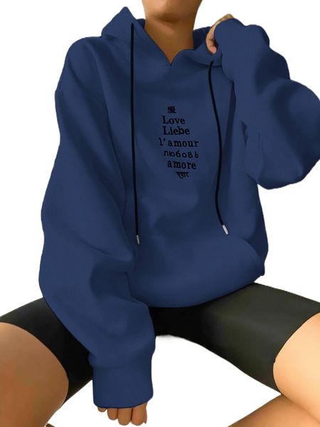 letter embroidery drop shoulder drawstring hoodie s69n#, Black