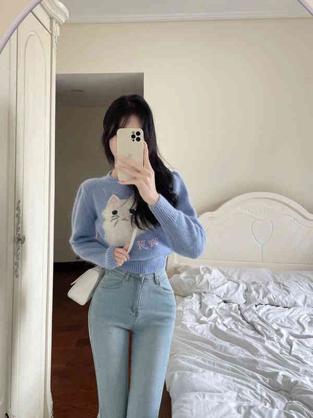 women's sweaters spring 2022 blue age reduced embroidered sweater cat short knitted mohair hzv0, White;black