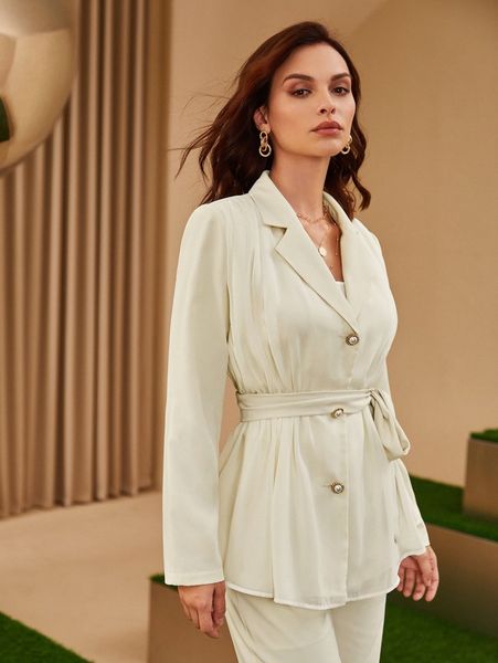 notched collar self belted blazer g9j6#, White 
notched collar self belted blazer g9j6#, White