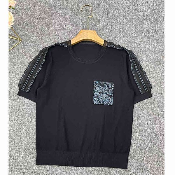 women's knits tees summer women's clothing contrast printing pocket ruffle round neck short sleeve fashion temperament sweater thi, White
women's knits tees summer women's clothing contrast printing pocket ruffle round neck short sleeve fashion temperament sweater thi, White