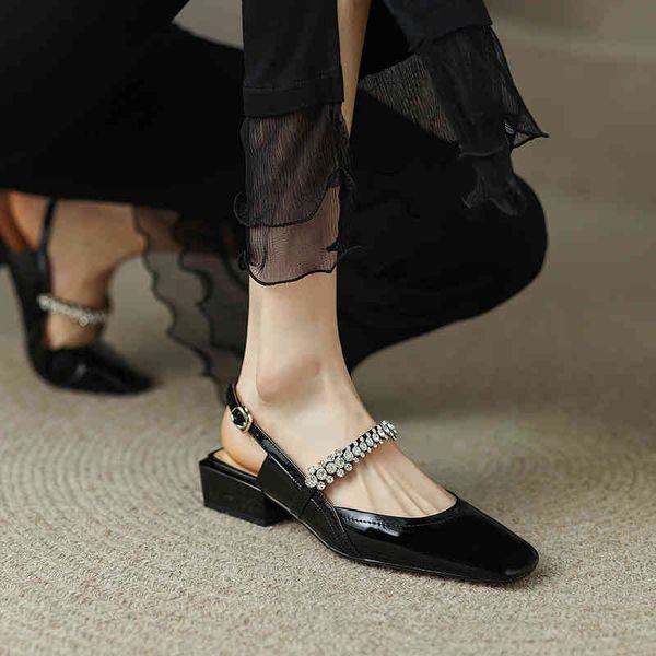 sandals baotou sandals women's thick heel cowhide french apricot one line buckle mary jane shoes 4y82, Black