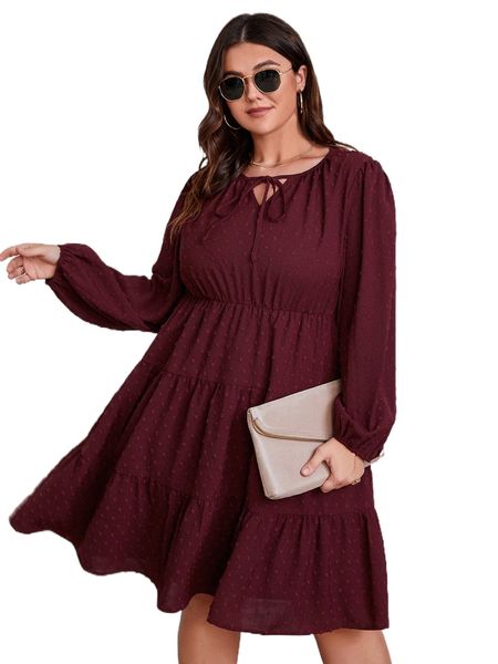 plus swiss dot tie neck tiered layer dress w784#, Black 
plus swiss dot tie neck tiered layer dress w784#, Black