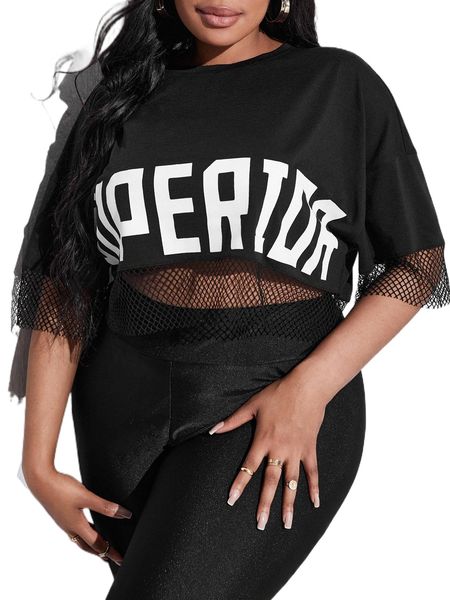 sxy plus letter graphic fishnet mesh insert crop tee o4y6#, Black