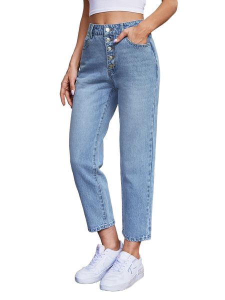 high waist button front patched straight leg jeans 75e1#, Blue