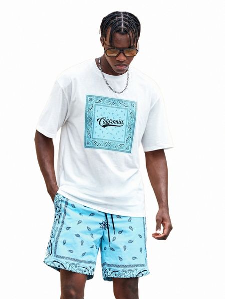 men letter & paisley print tee & drawstring waist shorts l9qs#, Gray