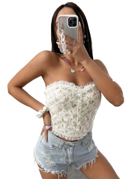 ditsy floral fake buttons lace tube w751#, White
ditsy floral fake buttons lace tube w751#, White