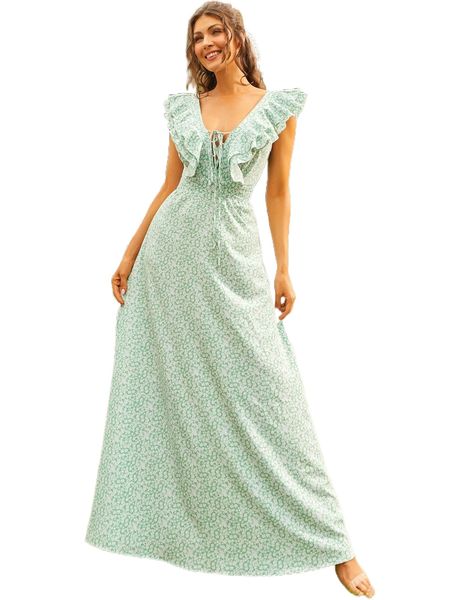 sbetro ditsy floral lace up front ruffle trim dress p7se#, Black;gray