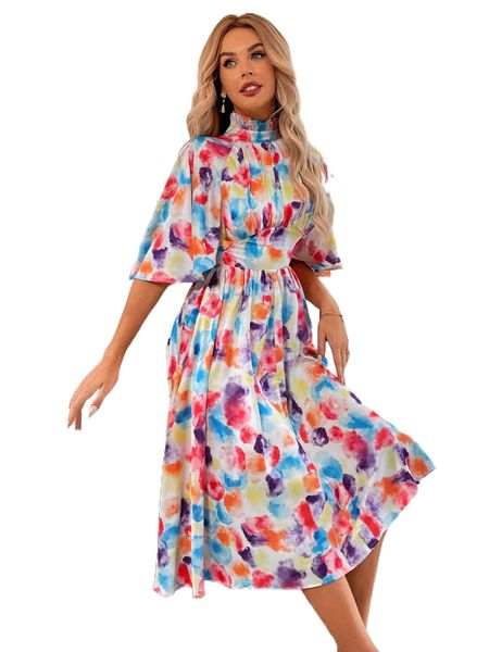 tie dye shirred tie back frill trim mock neck butterfly sleeve dress o0vb#, Black;gray
tie dye shirred tie back frill trim mock neck butterfly sleeve dress o0vb#, Black;gray
