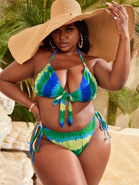 plus tie dye knot bikini swimsuit 87sq#, White;black