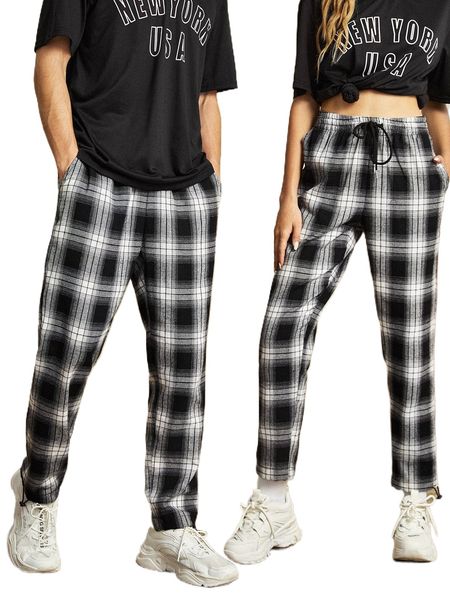 1pc plaid print drawstring waist pants a2gf#, Black