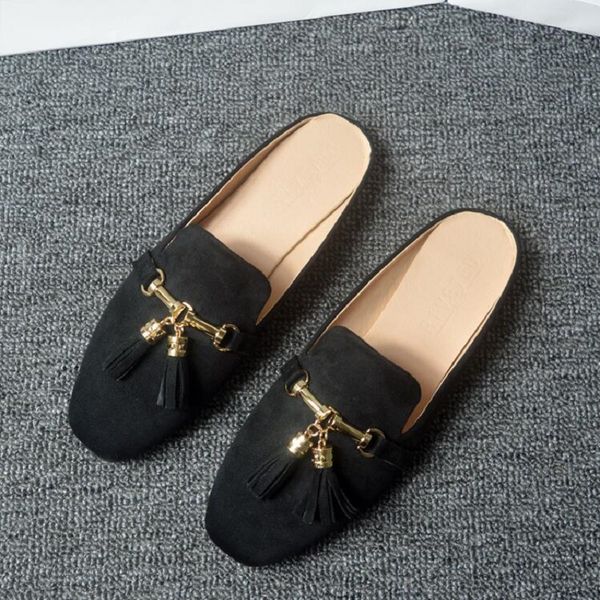 half slippers suede slip on flat shoes for women mules round toe summer walk casual slides women sandals da35, Black
