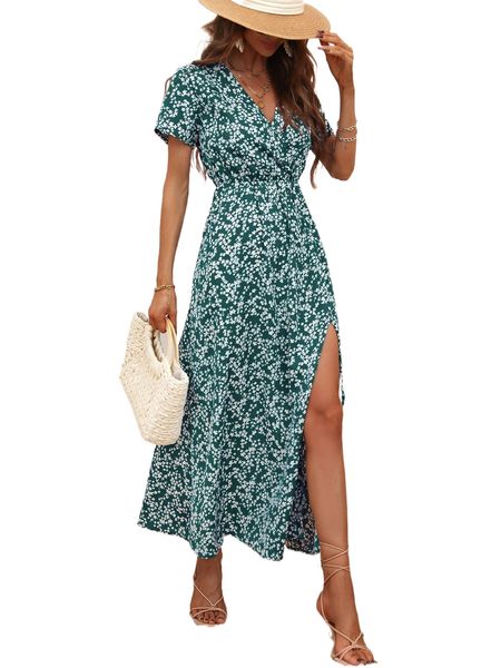 ditsy floral print split thigh dress m7hh#, Black;gray