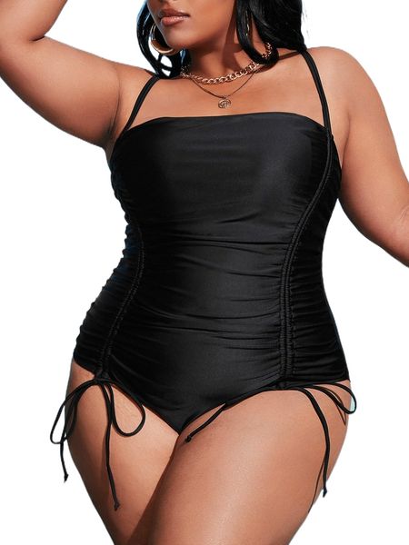 plus ruched drawstring one piece swimsuit y5w0#, White;black