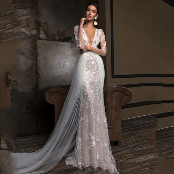 elegant mermaid wedding dress long sleeves deep v neck hollow appliques sequins lace floor length detachable train bridal gowns custom made, White
elegant mermaid wedding dress long sleeves deep v neck hollow appliques sequins lace floor length detachable train bridal gowns custom made, White