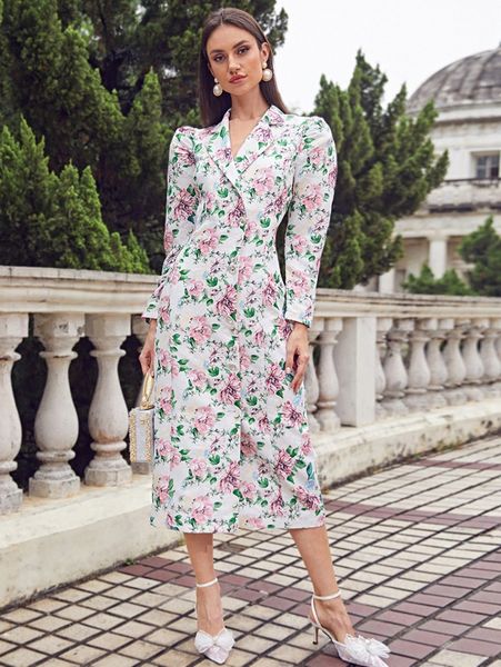 puff sleeve floral blazer dress 57ki#, White