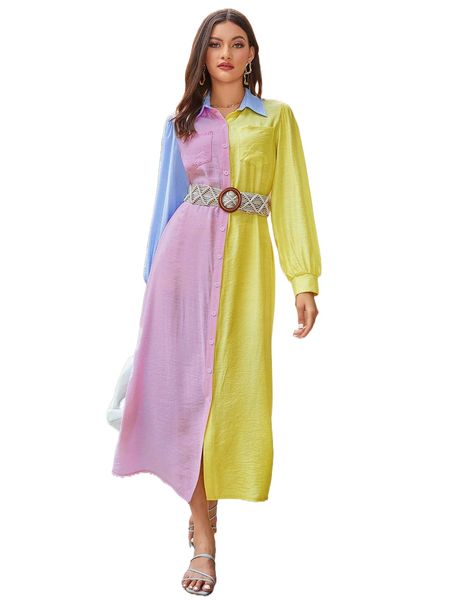 colorblock patched pocket button through shirt dress without belt 36bd#, Black;gray
colorblock patched pocket button through shirt dress without belt 36bd#, Black;gray