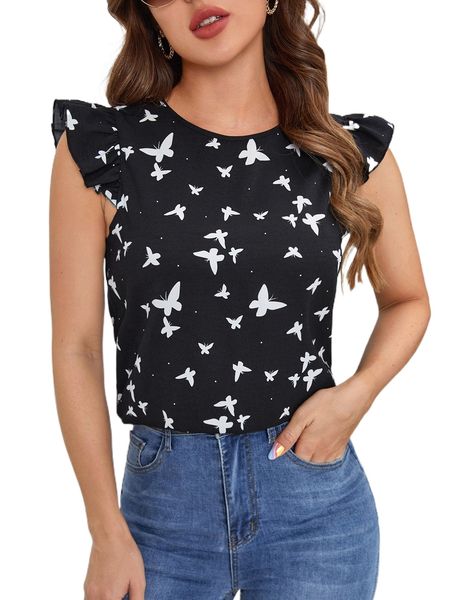 butterfly print flutter sleeve keyhole back blouse h38t#, White 
butterfly print flutter sleeve keyhole back blouse h38t#, White