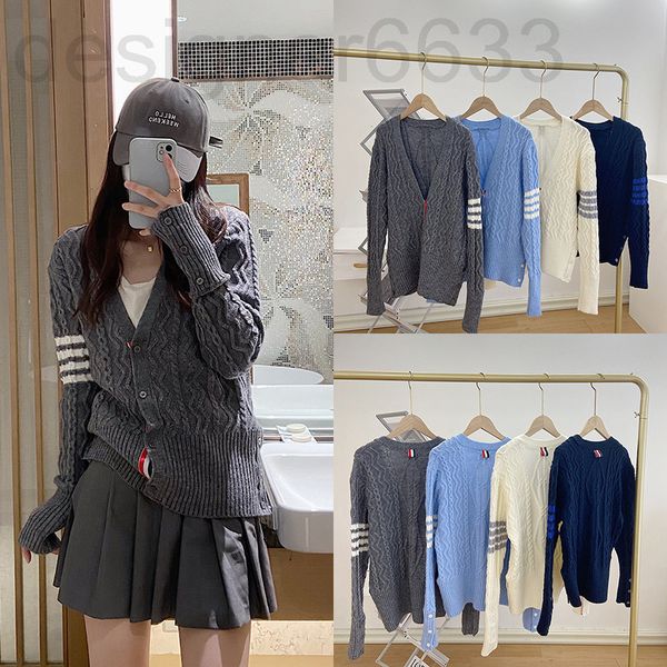 women's knits & tees designer winter thick thread stick needle twist four bar sweater coat women's loose tb college style color co, White
women's knits & tees designer winter thick thread stick needle twist four bar sweater coat women's loose tb college style color co, White