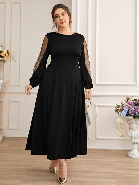 plus contrast dobby mesh dress h85l#, Black