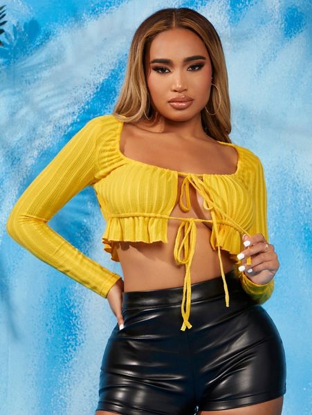 sxy tie front ruffle hem crop u4yg#, White
sxy tie front ruffle hem crop u4yg#, White